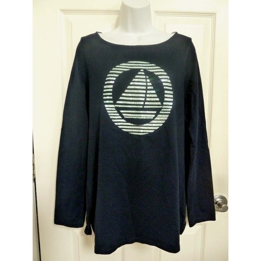 Kim Rogers Womens Medium Navy Blue Nautical Sequined Sailboat Boat Neck Top